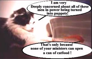 [Cat][I am very deeply concerned about all of these men in power being turned into puppets!][Goldfish][That's only because none of your ministers can open a can of catfood!]
